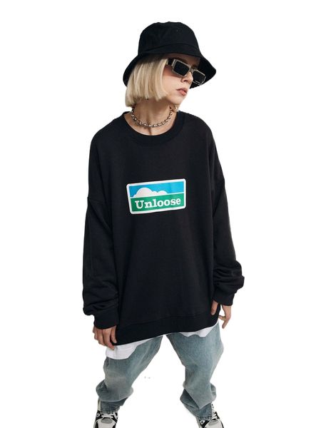 

cloud & letter graphic drop shoulder sweatshirt l1vp#, Black