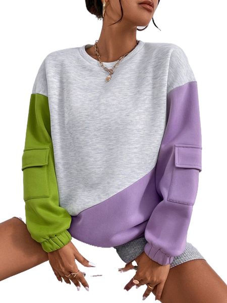 

colorblock flap pocket drop shoulder sweatshirt l5au#, Black