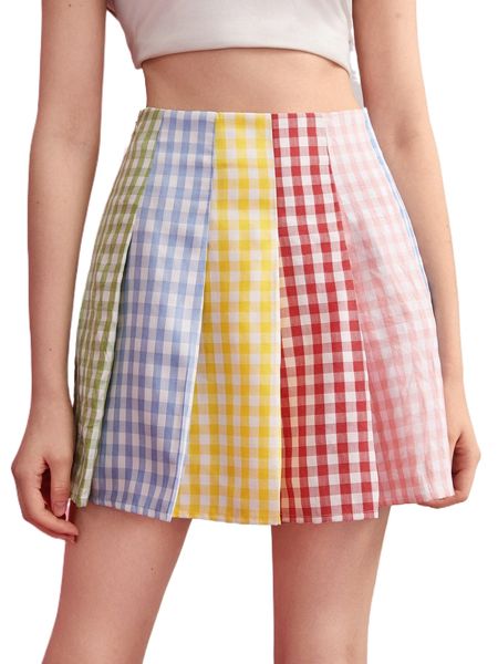 

x pino studios gingham print colorblock pleated skirt z618#, Black