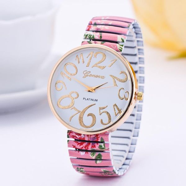 Armbanduhren Geneva Fashion Print Stretch Watch Rustikales Blumenmuster Stahlgürtel Zugband DamenuhrArmbanduhren