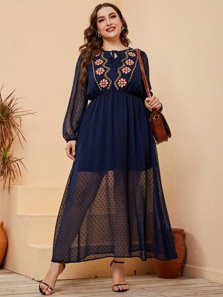 

plus swiss dot floral embroidery tie neck dress 34gb#, Black