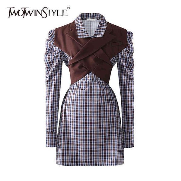 

korean patchwork plaid dress for women lapel long sleeve high waist hit color vintage dresses female fashion 210423, Black;gray