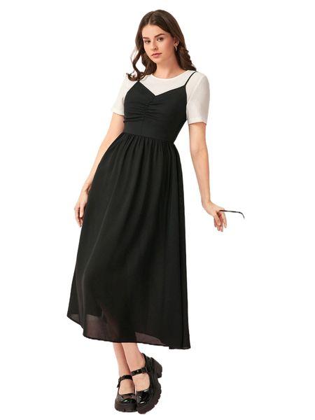 

ruched bust shirred back 2 in 1 colorblock dress 88qc#, Black;gray