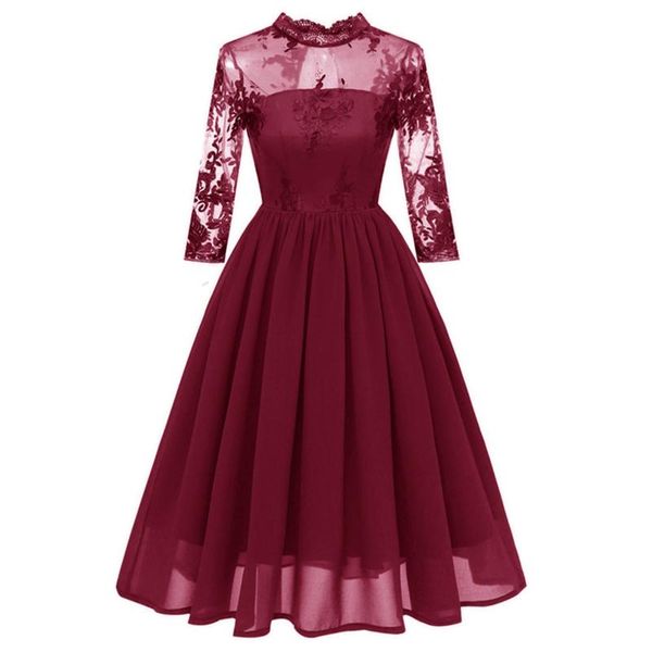

casual dresses womens elegant chiffon a line party wedding guest 3/4 sleeve floral pleated lace formal evening gown bridesmaid dress, Black;gray