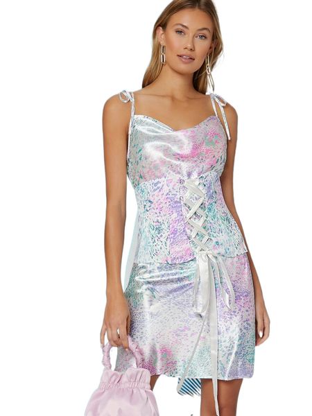 

x ji yeon lee satin abstract print lace-up mini dress c9tm#, Black;gray