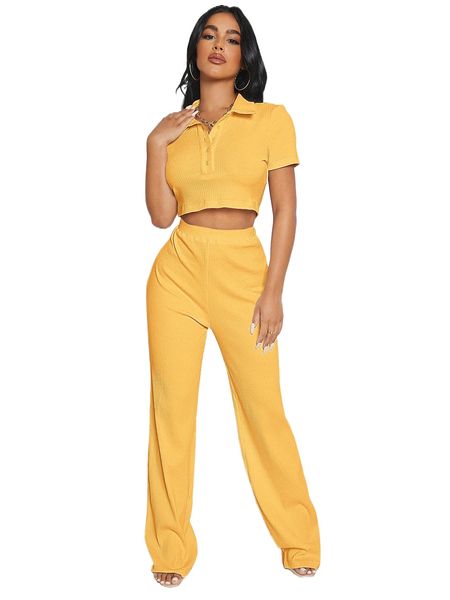 

sxy half button placket rib-knit crop & pants set i1vt#, White