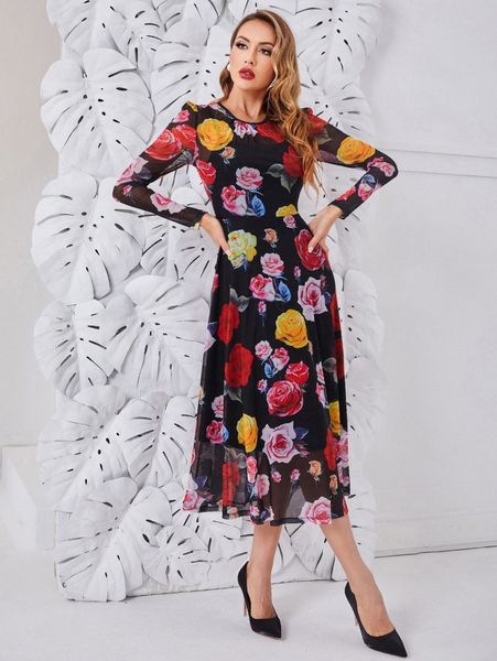 

floral print a-line dress without belt 08h0#, Black;gray