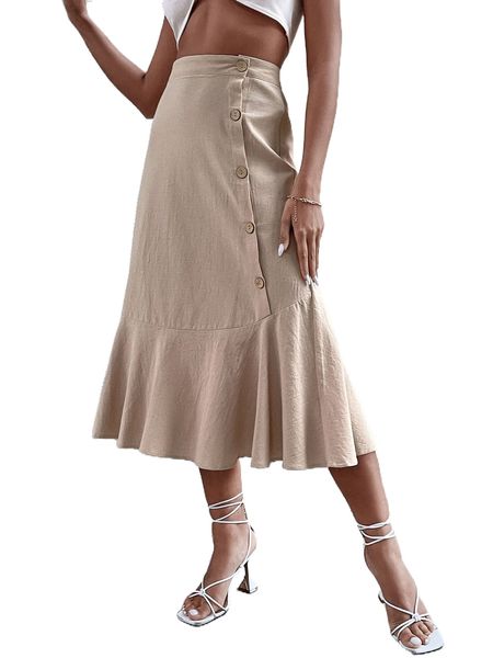 

button side ruffle hem skirt h6gf#, Black