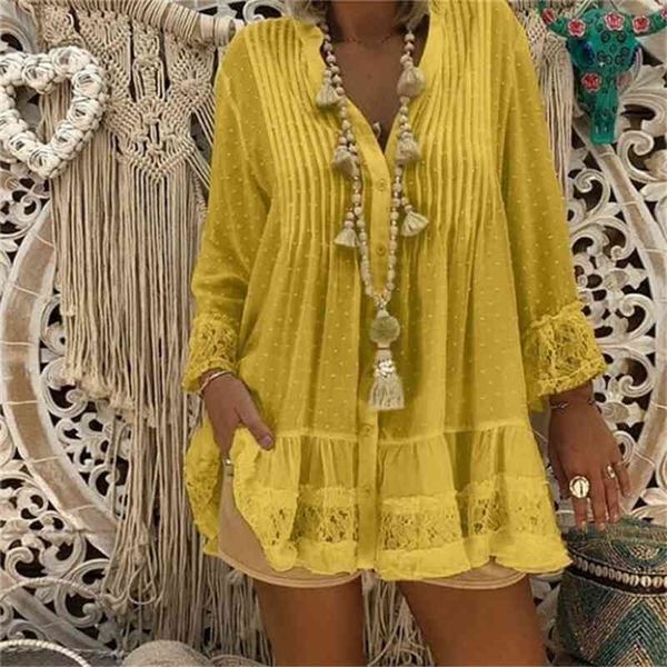 

plus size lace hollow out blouses shirts casual v neck long sleeve female tunic loose dot baggy autumn womens and blouses 210412, White
