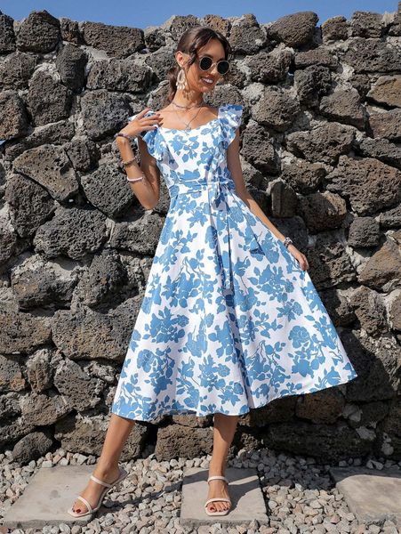 

floral print belted ruffle trim a-line dress q53n#, Black;gray