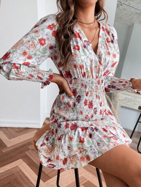 

floral print shirred layered hem dress z0kx#, Black;gray