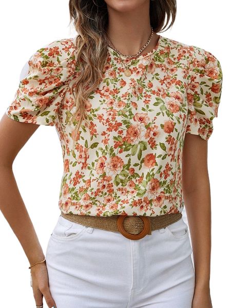 

allover floral print puff sleeve blouse x8hu#, White