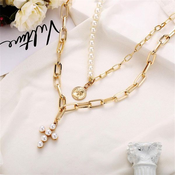 

coin pearl necklace multilayer cross pendant necklace ladies boho2972, Silver