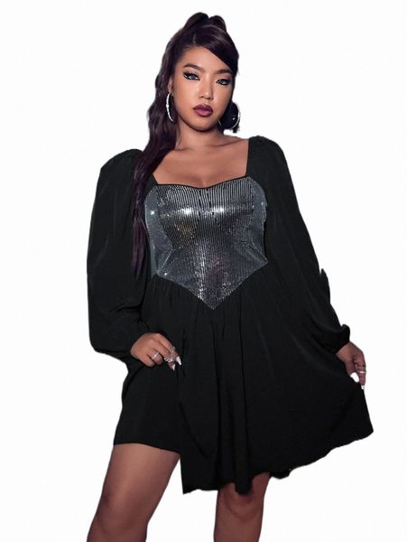 

plus sweetheart neck lantern sleeve sequin bodice dress g3zm#, Black