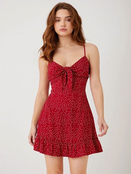 

knotted polka dot ruffle hem cami dress t3v3#, Black;gray