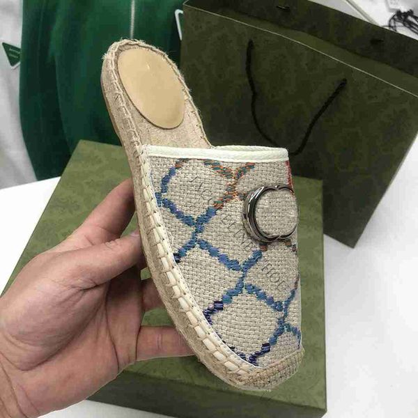 

designer sandal for woman luxury slides slipper fashion summer metal buckle embroidery canvas straw beach flats sliders white black with box