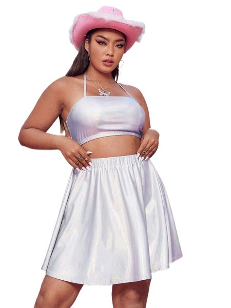 

plus tie backless crop &flare skirt 18rz#, Black