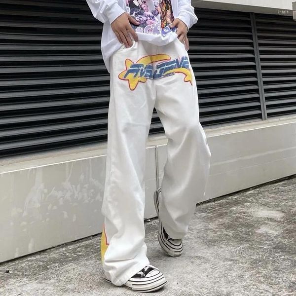 

men's jeans retro embroidered denim trousers men y2k high street wide leg pants loose casual letter patch menmen's mc8f, Black