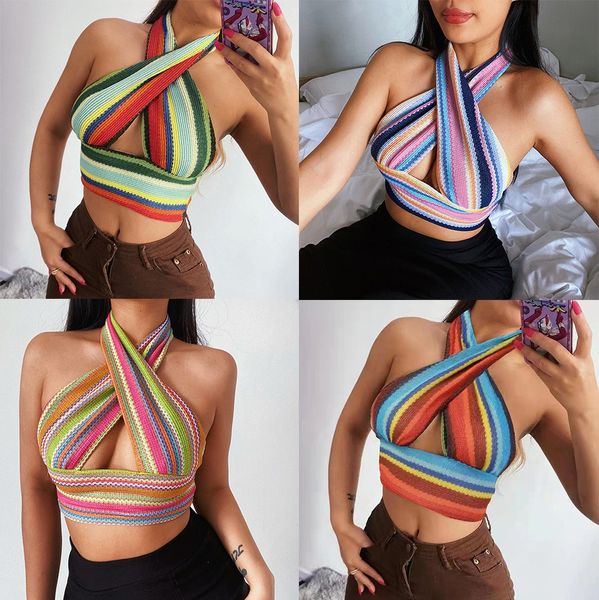 

women's plus size t-shirt colorful striped backless knot halter f1jl#, Black