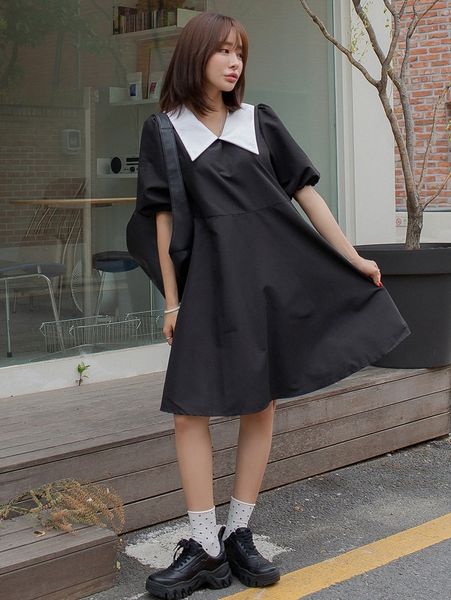

dazy peter pan collar puff sleeve smock dress 46hd#, Black;gray