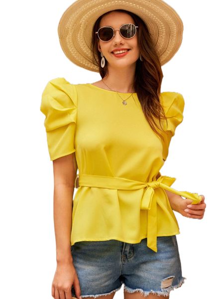 

puff sleeve belted q4kr#, White