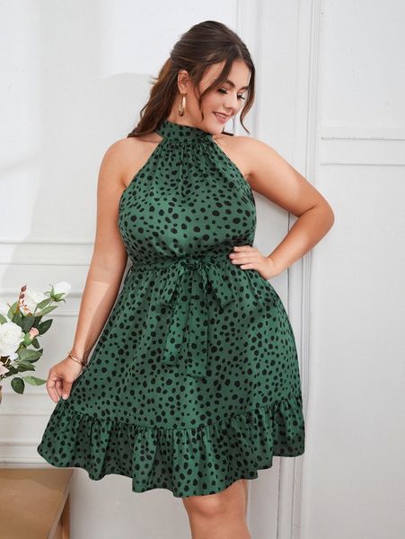 

plus dalmatian print ruffle hem belted halter dress 66qj#, Black