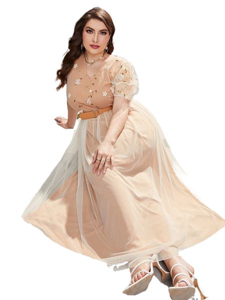 

plus floral embroidery puff sleeve belted mesh dress g4sp#, Black