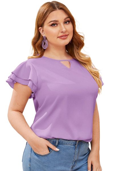 

plus keyhole neck layered flutter sleeve t3dh#, Black