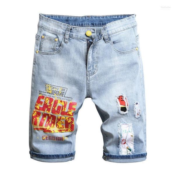 

men's jeans male fashion casual summer light blue letters printed stretch denim shorts trendy patchwork ripped