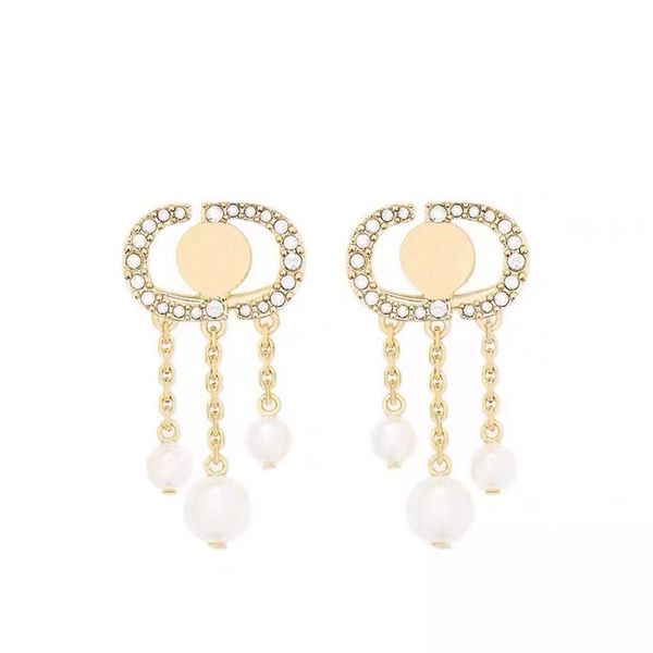 

classic pearl tassel earring charm designer jewelry stud d ear rings three chains link pendants earrings woman gold plated fashion style gla, Golden
