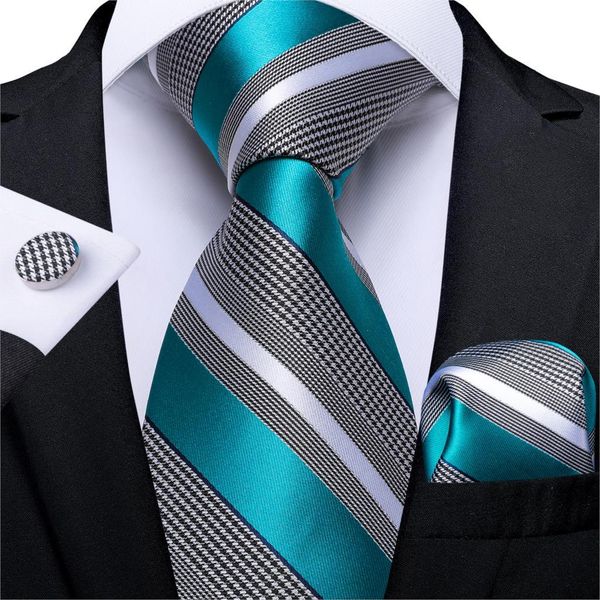 Homens amarrar teal azul branco listrado casamento de seda para designer hanky cufflink de qualidade conjunto de negócios 7339