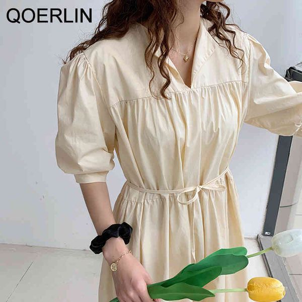 

qoerlin chic style gentle puff sleeve solid color loose dress belted laceup dress ladies loose ruffled cotton dress streetwear 210412, Black;gray