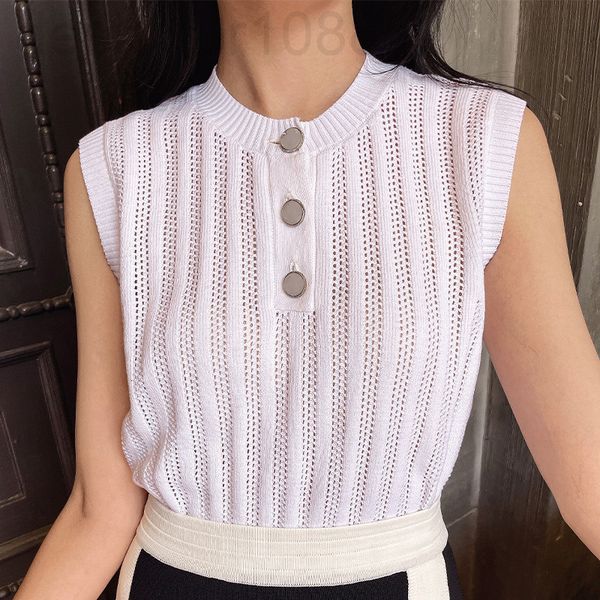 

women's t-shirt designer 2021 xia xiaoxiang style hollow out stripe sleeveless knit round neck versatile simple vest half open chest bu, White