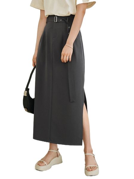 

dazy-less split thigh grommet buckled belted skirt y0ga#, Black