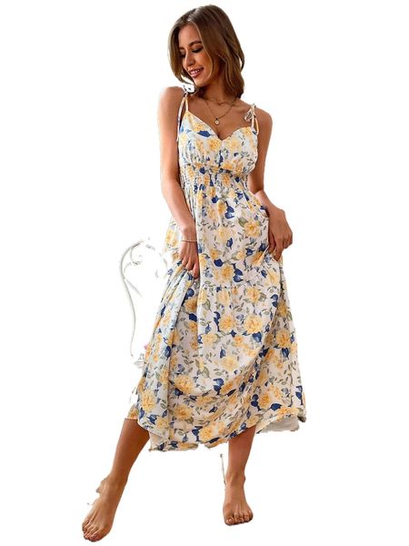 

floral tie shoulder shirred waist ruffle hem cami dress w2vu#, Black;gray