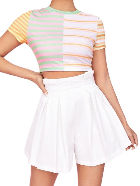 

petite paperbag waist fold pleated wide leg shorts 11b5#, White;black