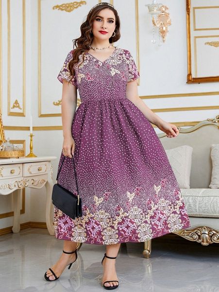

plus dalmatian & floral print dress 41sw#, Black
