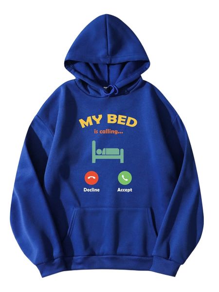 

phone & slogan graphic kangaroo pocket drawstring thermal hoodie w4wj#, Black