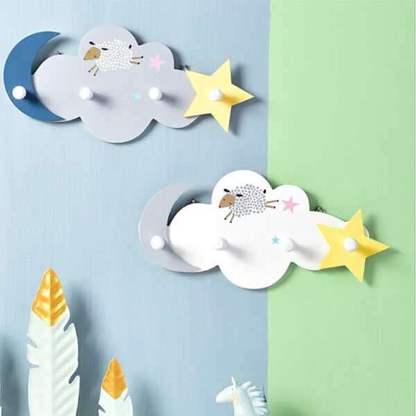 Haken Schienen selbstklebend 4 Holz Kleidung Mond Stern Kleiderbügel Wand montiert Schlüsselhalter Kleiderhaken Kinderzimmer dekorative Accessor L1Hooks