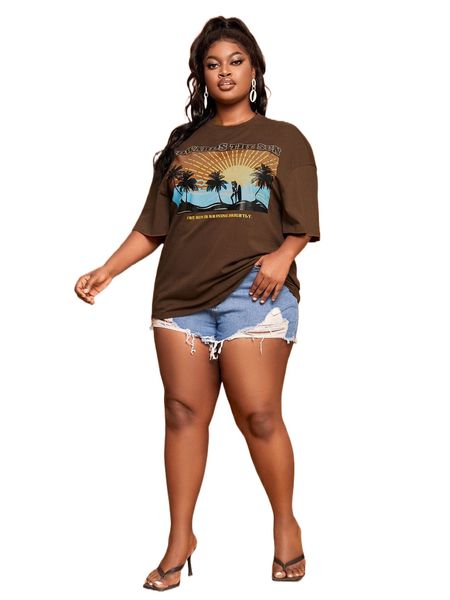 

sxy plus slogan & palm tree print drop shoulder tee o0of#, Black