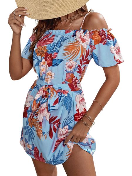

floral print cold shoulder frill trim belted dress z7ab#, Black;gray
