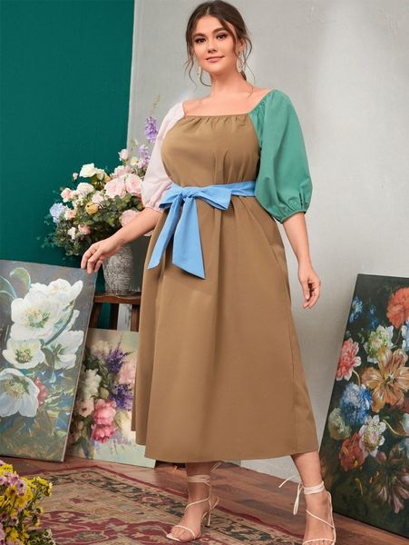 

plus off shoulder lantern sleeve self belted colorblock dress 70j8#, Black