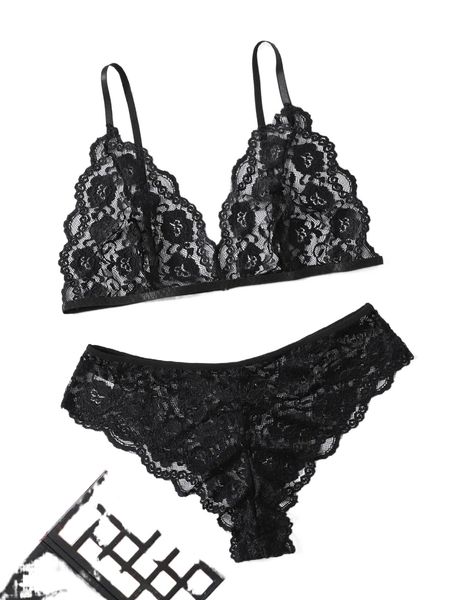 

plus sheer floral lace lingerie set b1vb#, Black;white