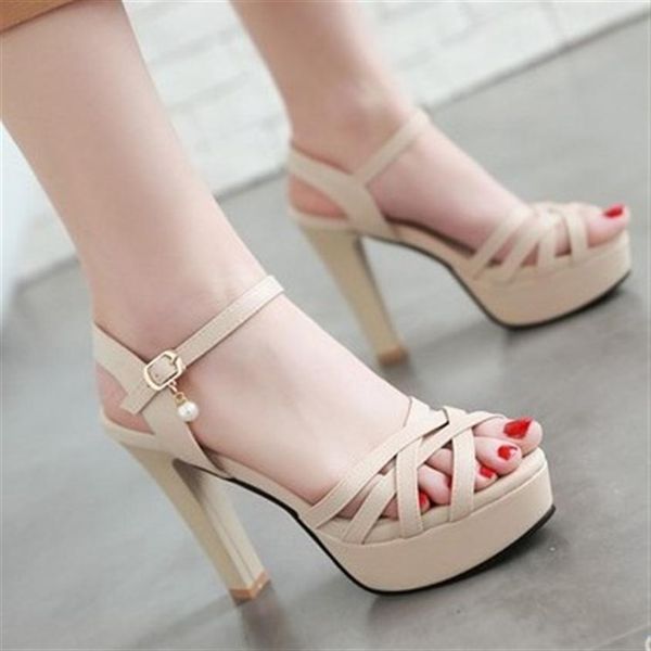 

new arrival specials super fashion elegant peep toe belt buckle princess cross stiletto summer platform heel sandals eu34268u, Black