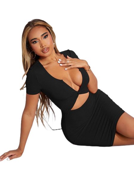

sxy cut out twist front plunging neck bodycon dress y3mn#, Black;gray