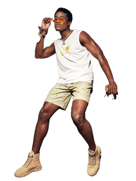 

men floral & letter graphic tank & drawstring waist shorts b6pn#, Gray