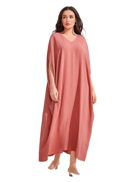 

swiss dot batwing sleeve v-neck kaftan r7lb#, Black;gray