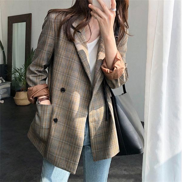 

vintage notchcollar double breasted plaid blazer women full sleeve loose female grid suit coat autumn women jacket 2019 t200817, White;black