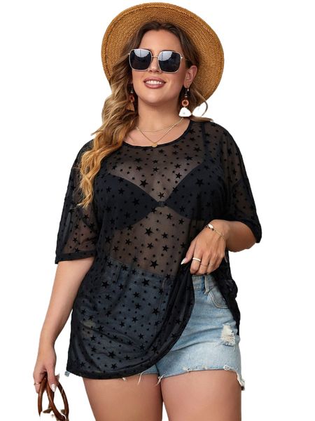 

plus star print drop shoulder mesh without bra y44w#, Black