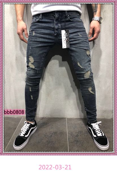 

fashion mens jeans straight slim fit biker jeans pants distressed skinny ripped destroyed denim washed hiphop, Blue